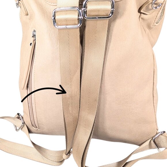 Miztique Beige Faux Leather Lined Zip Convertible Backpack Lots of Pockets - Picture 7 of 12